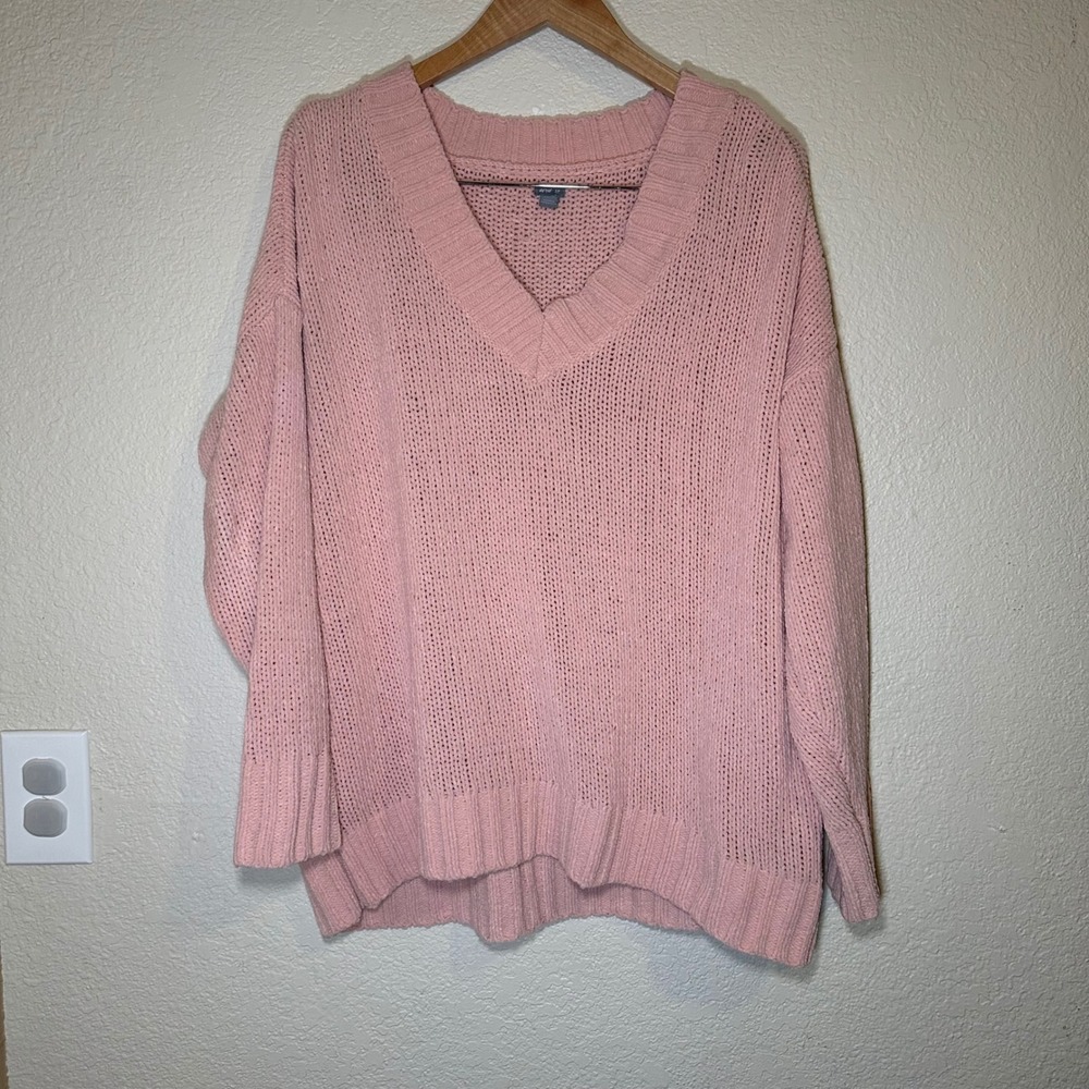 Aerie Womens S Sweater V-Neck Oversized Chunky Baby Pink Valentines Day‎ Boho